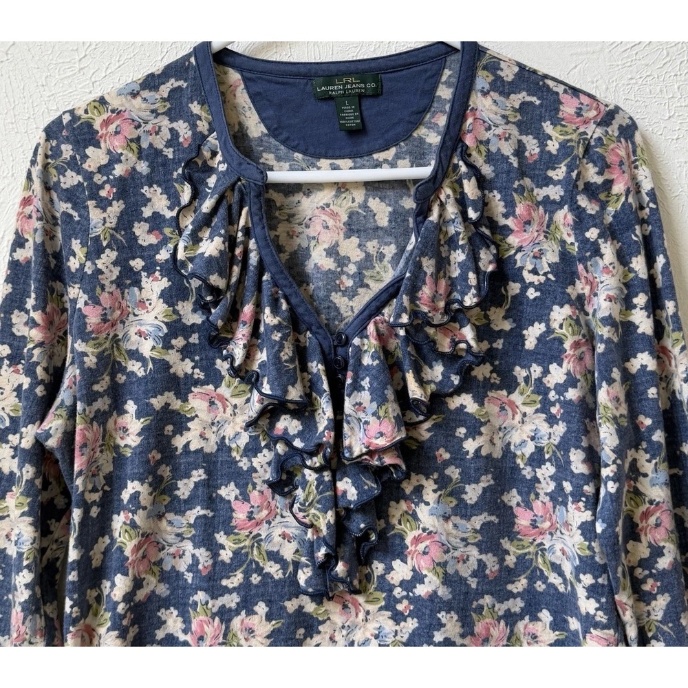 Ralph Lauren Jeans Co Womens Sz L Top Floral Ruffle V-Neck Cottage Feminine
